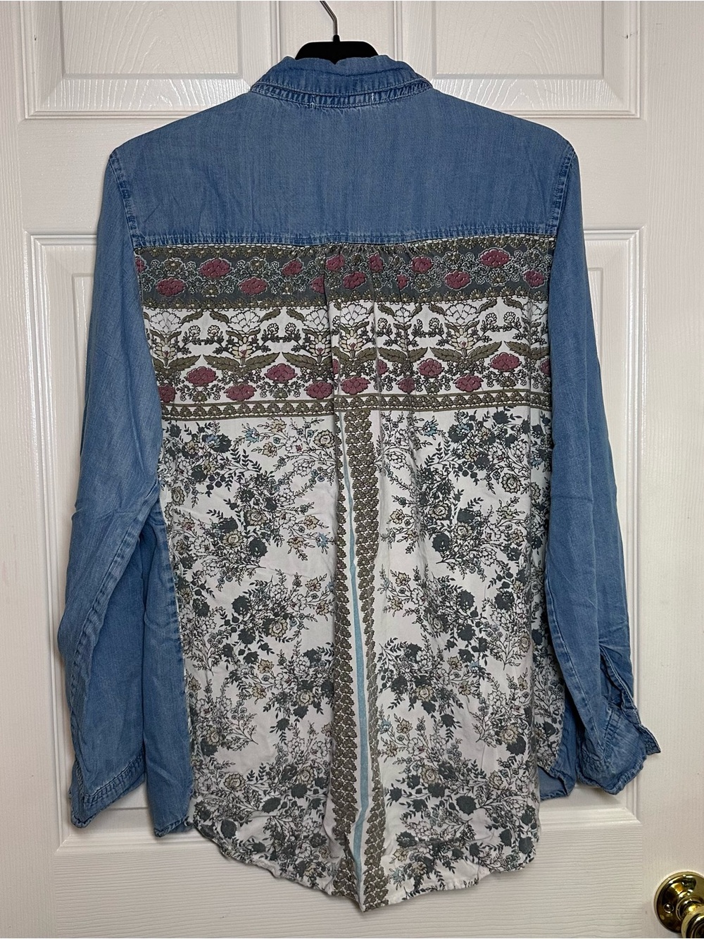 Hint of Mint Bohemian Chambray Denim Patchwork Button Up Shirt Roll Sleeve